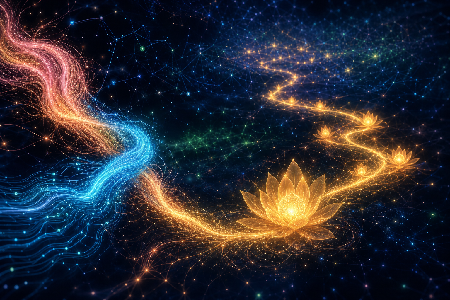 A rose-gold braid of human intuition and a cyan braid of AI weaving into one golden cord that travels through a conceptual embedding space, blooming golden flowers along the way.